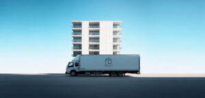 En fotorealistisk bild av en lastbil som transporterar möbler, med fokus på flytt mellan städer.