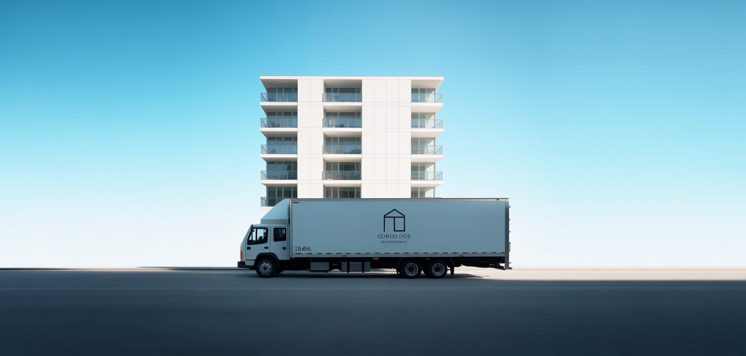 En fotorealistisk bild av en lastbil som transporterar möbler, med fokus på flytt mellan städer.