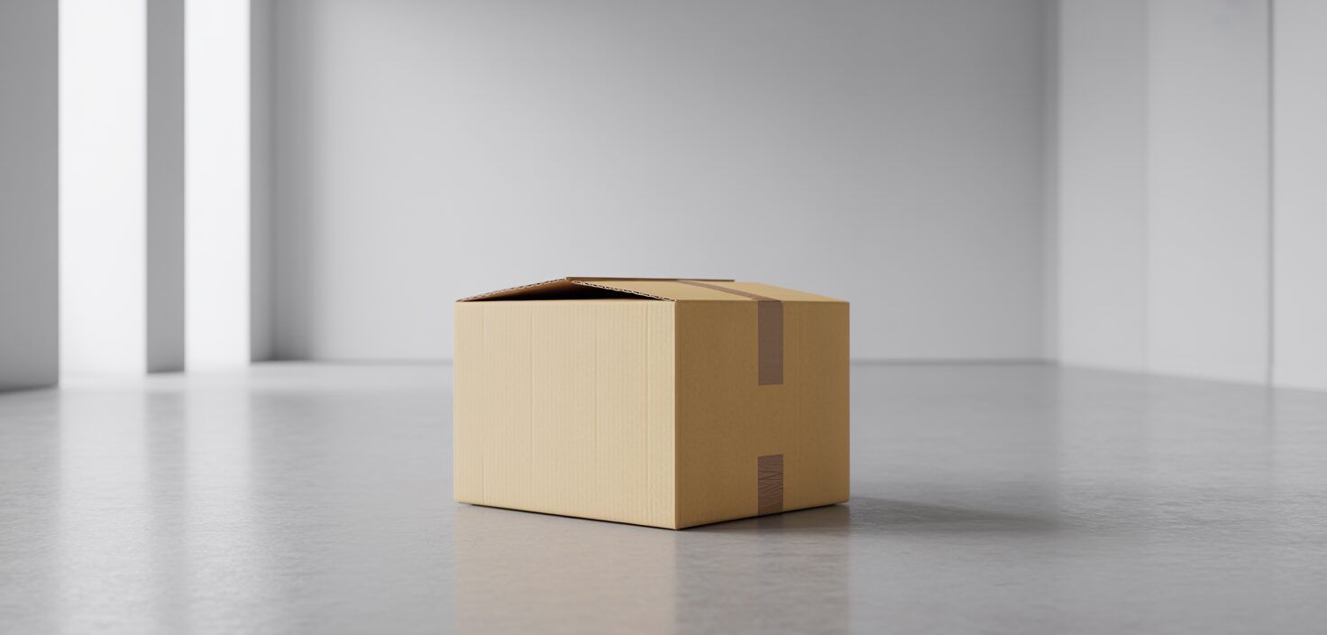 En minimalistisk packad flyttkartong i ett tomt rum, med fokus på minimalistisk design och renhet.